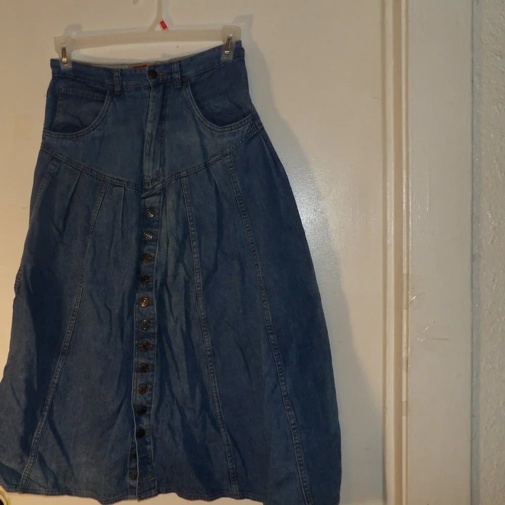 Vintage 90s Jordache No Exit Western Farmhouse Prairie Denim Maxi Skirt Sz 11/12 - Picture 1 of 7